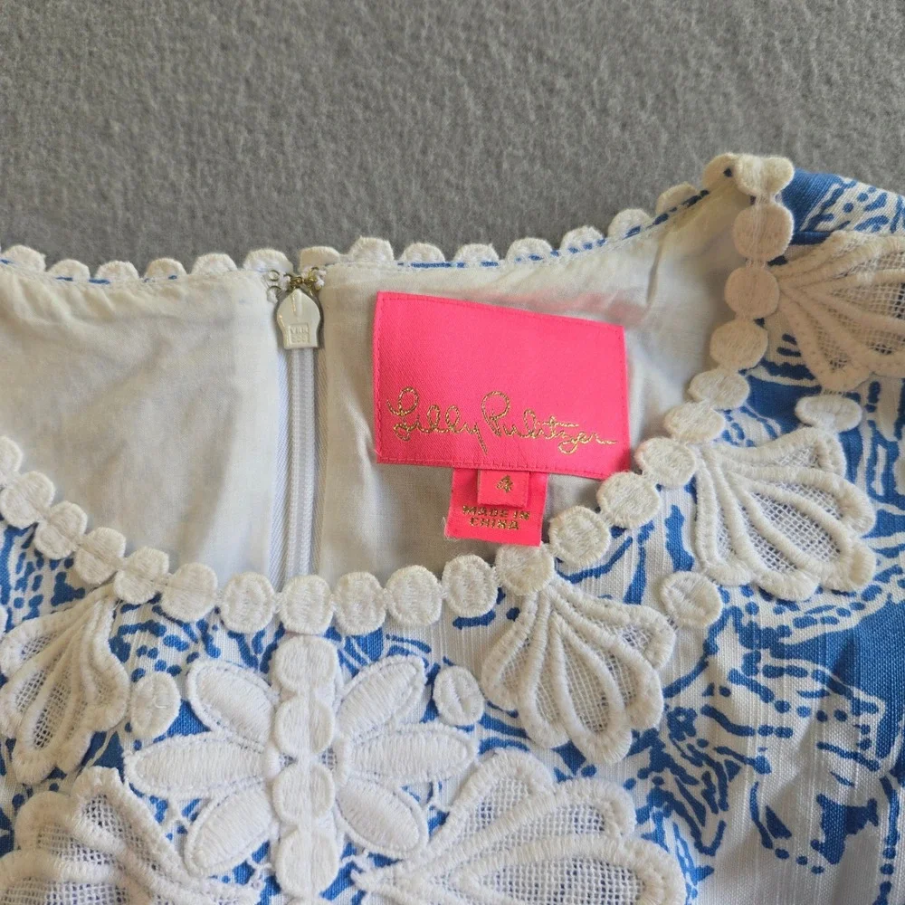 Lilly Pulitzer Shift Dress Womens 4 Blue White Tropical Lace Front Applique